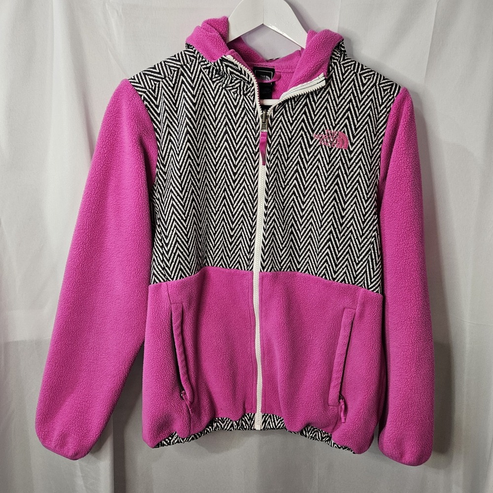 North Face Soft Fleece Girls Pink Jacket Sz XL(18) Zebra Stripe Full Zip W/Hood